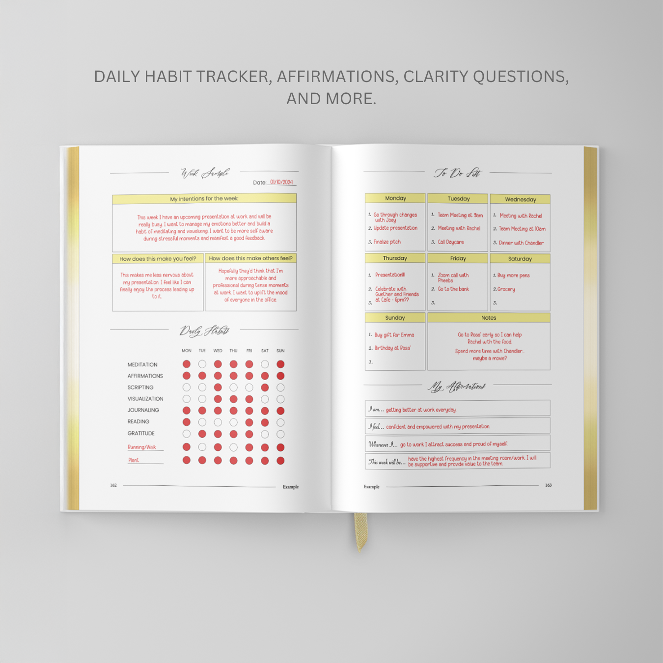 Photo of The Affirmation Book by Lex Leggin, featuring a page with a Daily Habit Tracker, Affirmations, Clarity Questions, and a To-Do List to help organize and focus your daily intentions.