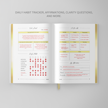 Photo of The Affirmation Book by Lex Leggin, featuring a page with a Daily Habit Tracker, Affirmations, Clarity Questions, and a To-Do List to help organize and focus your daily intentions.