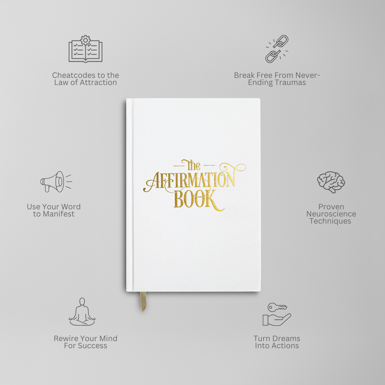 Photo of The Affirmation Book by Lex Leggin, highlighting 6 key features: Cheatcodes to the Law of Attraction, Break Free from Never-Ending Traumas, Use Your Word to Manifest, Proven Neuroscience Techniques, Rewire Your Mind for Success, and Turn Dreams into Actions.