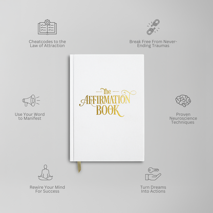 Photo of The Affirmation Book by Lex Leggin, highlighting 6 key features: Cheatcodes to the Law of Attraction, Break Free from Never-Ending Traumas, Use Your Word to Manifest, Proven Neuroscience Techniques, Rewire Your Mind for Success, and Turn Dreams into Actions.