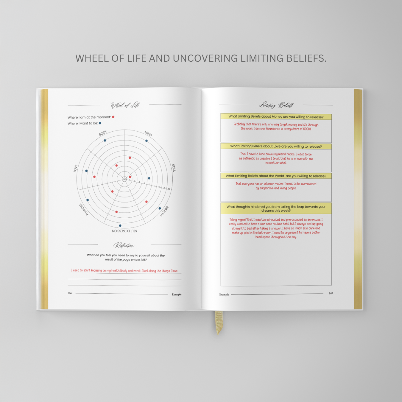 Photo of The Affirmation Book by Lex Leggin, displaying a page with the 'Wheel of Life' for reflection and a section on 'Uncovering Limiting Beliefs' to help identify and overcome obstacles.