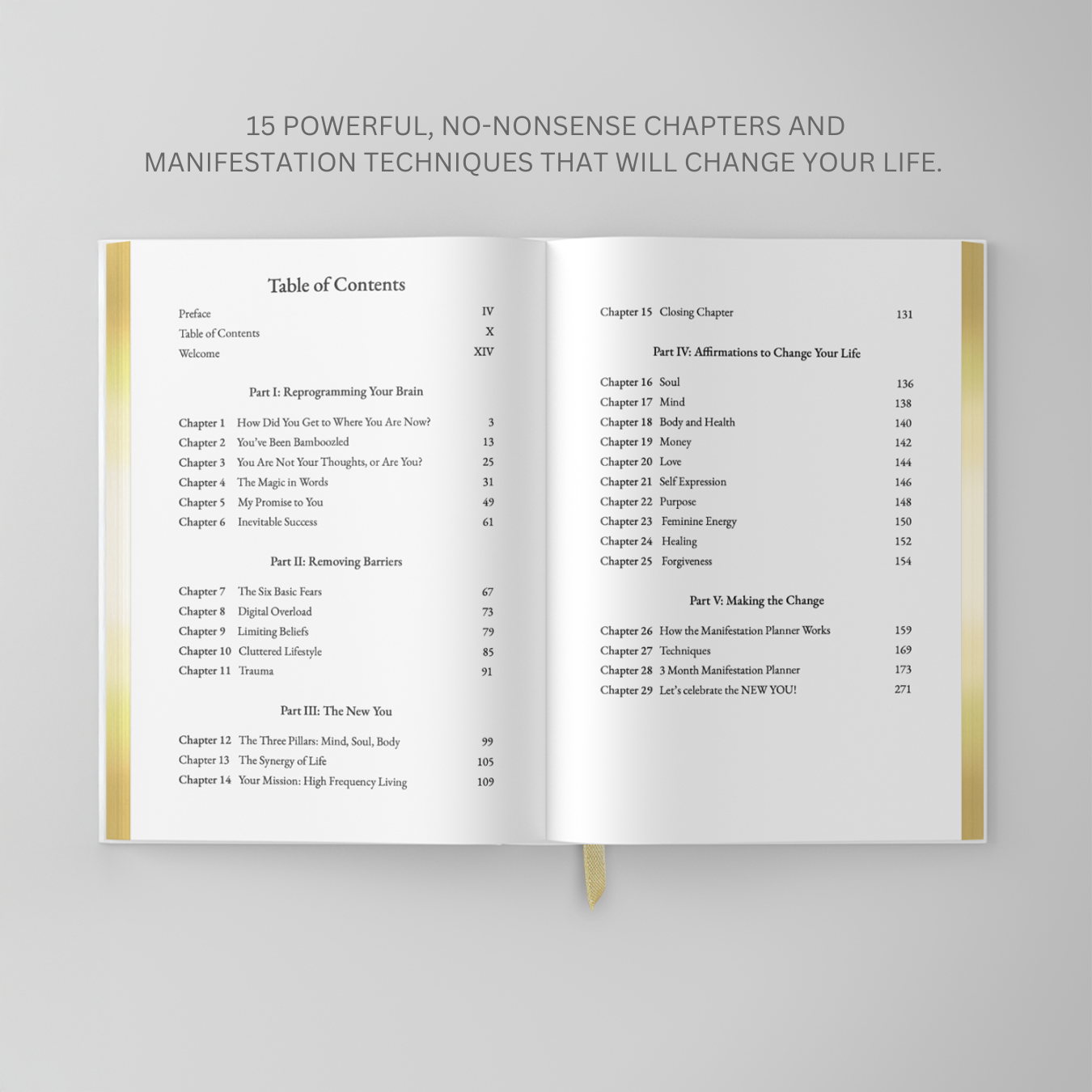 Photo of The Affirmation Book by Lex Leggin, showcasing the table of contents with the quote: '15 Powerful, No-Nonsense Chapters and Manifestation Techniques That Will Change Your Life.'